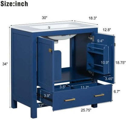 LUMISOL 30" Bathroom Vanity with Sink, Modern Bathroom Sink Cabinet with One Drawer, Soft-Close Doors & Adjustable Shelf, Freestanding Bathroom Storage Cabinet with Undermount Ceramic Sink, Blue