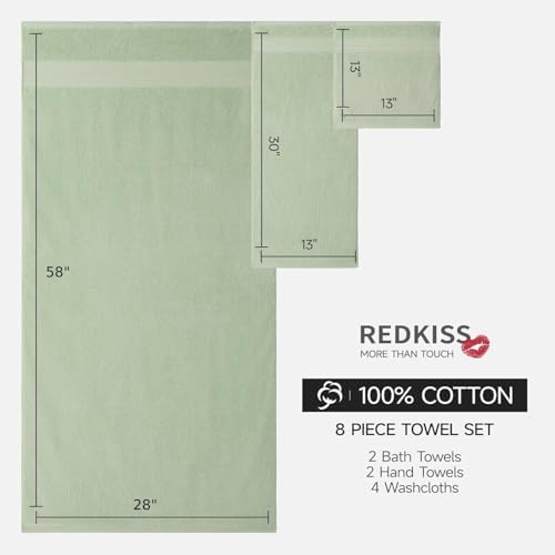 REDKISS Green Towel Set of 8-100% Cotton Luxury Bath Towels Set for Bathroom, 600 GSM Highly Absorbent Bathroom Towel with 2 Large Bath Sheet, 2 Hand, 4 Washcloths, Green Shower Towels for Dorm
