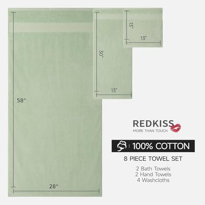 REDKISS Green Towel Set of 8-100% Cotton Luxury Bath Towels Set for Bathroom, 600 GSM Highly Absorbent Bathroom Towel with 2 Large Bath Sheet, 2 Hand, 4 Washcloths, Green Shower Towels for Dorm