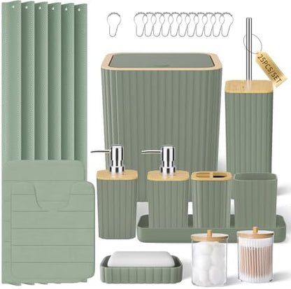 XLHOMO Bathroom Accessories Set - 25PC Sage Green Bathroom Set, Bathroom Set with Shower Curtain and Rugs, Green Shower Curtain Set, Toilet Brush, Bathroom Trash Can