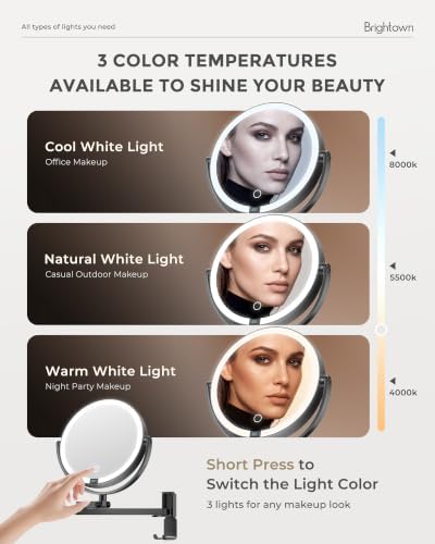 Brightown 8" Wall Mounted Makeup Mirror with Lights & Magnification 1X/10X