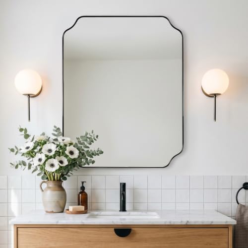 MIRRORART Contemporary 24x30’’ Black Scalloped Bathroom Mirrors for Wall
