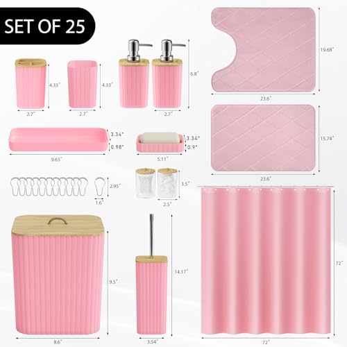 Bathroom Accessory Set - 25PC Bathroom Sets with Shower Curtain and Rugs, Pink Bathroom Set, Bathroom Accessories Set, Shower Curtain Sets with Rugs, Bathroom Trash Can & Soap Dispenser