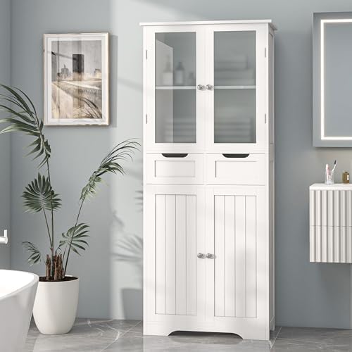 Betterhood 67" Tall Bathroom Storage Cabinet, Freestanding Bathroom Cabinet with Glass Doors and Shelves, Large Bathroom Cabinet with 2 Drawers for Living Room, Dining Room, Office, White