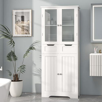 Betterhood 67" Tall Bathroom Storage Cabinet, Freestanding Bathroom Cabinet with Glass Doors and Shelves, Large Bathroom Cabinet with 2 Drawers for Living Room, Dining Room, Office, White