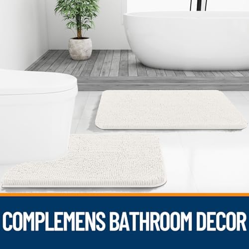 OLANLY Chenille Bathroom Rugs Mats Sets 2 Piece, 47"x20"+24"x16", Ivory
