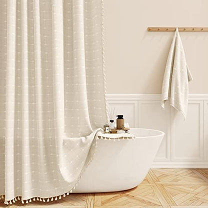 BTTN 72x78 Boho Farmhouse Linen Heavy Duty Shower Curtain Set, Cream/Beige