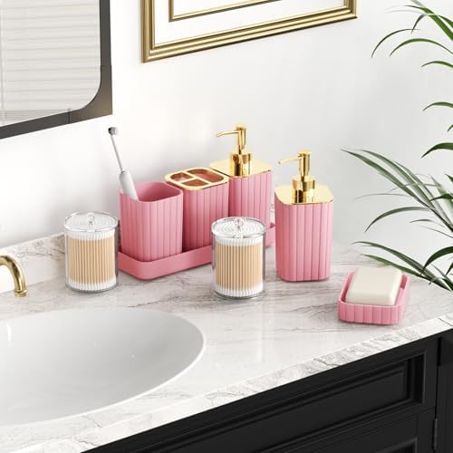 XLHOMO Pink Bathroom Accessories Set - Gorgeous Bathroom Set, 10PC Bathroom Accessory Set, Toilet Brush, Trash Can, Qtip Holder & Soap Dispenser