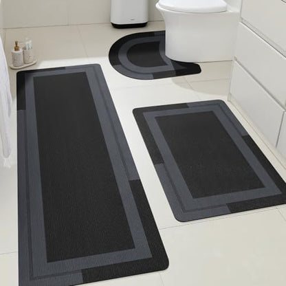 ACCUMTEK Non Slip Bath Mat, Thin Bathroom Rugs Fit Under Door, Quick Dry Bath Mats, Machine Washable Bath Rugs for Bathroom, Bathtub & Kitchen, Bathtub, Black/Bordered/3 Piece