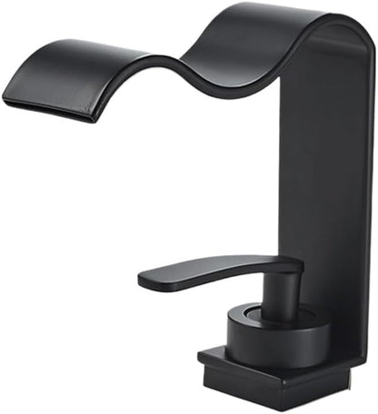 Bathroom Sink Faucet Deck Mounted Hot Cold Brass Mixer Waterfall Basin Faucets Lavatory Washbasin Water Tap(Black,G1/2)