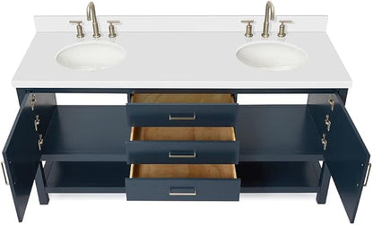 ARIEL Bayhill 72-inch Bathroom Vanity with Sink,Solid Wood, 1.5-inch Pure White Quartz Countertop & Backsplash, Double Oval Porcelain Sink, 2 Soft Closing Doors, 3 Dovetail Drawers, Midnight Blue