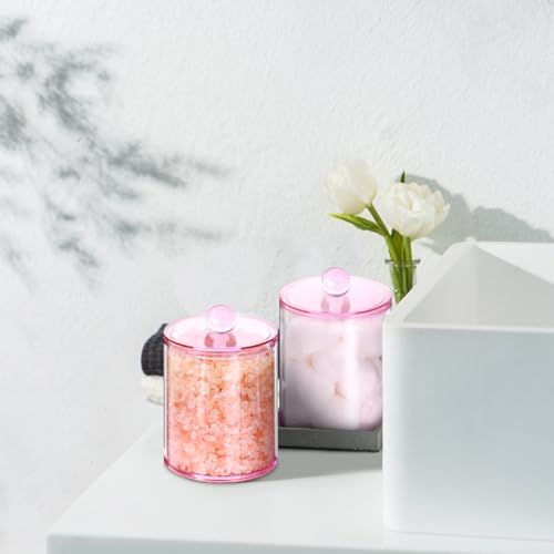 2 Pcs Acrylic Qtip Holder, Cotton Ball Holder Jars with Lids, Pink