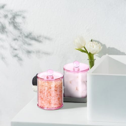 2 Pcs Acrylic Qtip Holder, Cotton Ball Holder Jars with Lids, Pink