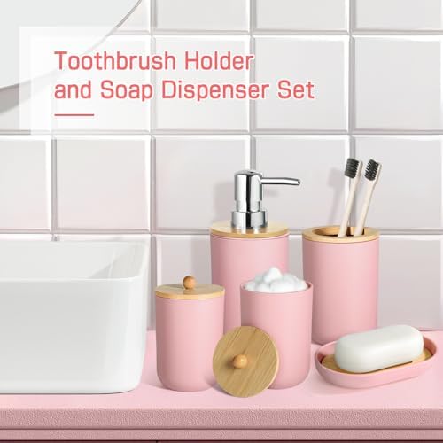 Pink Bathroom Accessories - 5 Pcs, Plastic Decor Set, Soap Dispenser, Toothbrush Holder, Soap Dish, Cotton Swab Jar, Boho Organizer