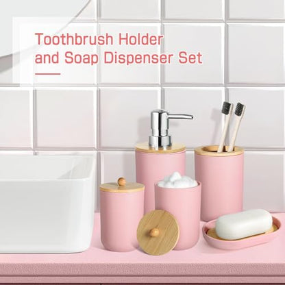 Pink Bathroom Accessories - 5 Pcs, Plastic Decor Set, Soap Dispenser, Toothbrush Holder, Soap Dish, Cotton Swab Jar, Boho Organizer