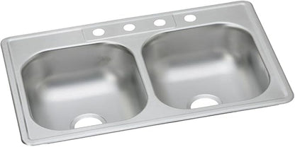 Dayton Stainless Steel 33" x 22" x 7-1/16", 2-Hole Equal Double Bowl Drop-in Sink