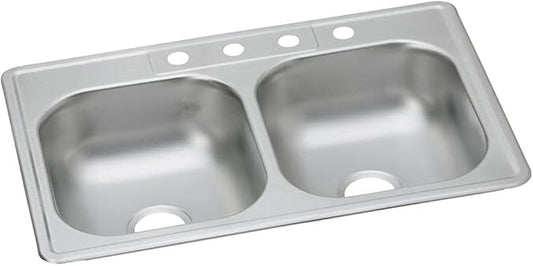 Dayton Stainless Steel 33" x 22" x 7-1/16", 4-Hole Equal Double Bowl Drop-in Sink