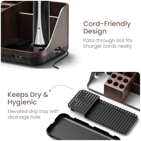 Boperzi Bathroom Counter Organizer for Vanity & Sink Storage: Detachable Electric Toothbrush and Toothpaste Holder, Water Flosser Holder, Bathroom Decor and Accessories Organization Set(Walnut Black)