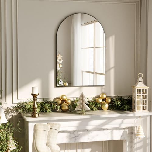 VooBang Arched Wall Mirror, 20 x 30 inch Arch Bathroom Mirror, Wall Mounted Vanity Mirror with Arch Metal Frame, Modern Bathroom Vanity Mirror for Bedroom, Living Room, Hanging or Leaning, Black