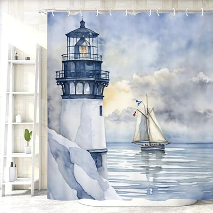 Coastal Lighthouse Shower Curtain for Bathroom, Ocean Nautical Sunrise Beach Seascape Bath Curtain, Sailboat Waterproof Shower Curtain Set Bathtub Decor Accessories with Hooks 72X72 in