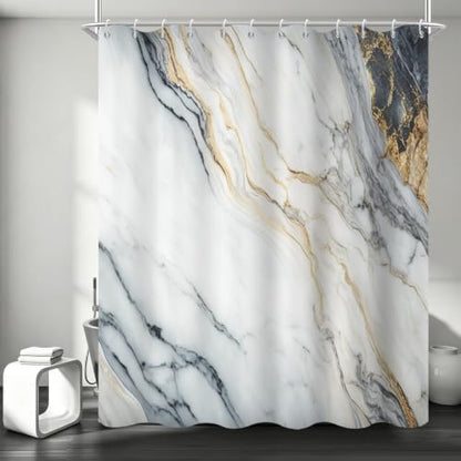White Marble Shower Curtain Modern Abstract Luxury Gold Ink Texture Gray Ombre Watercolor Bathroom Curtain Set with Hooks Soft and Lightweight Waterproof Fabric Machine Washable 36" Wx72 L