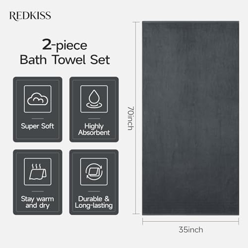 REDKISS 2 Pack Extra Large 35x70 Inch Cotton Bath Towels, Gray