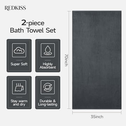 REDKISS 2 Pack Extra Large 35x70 Inch Cotton Bath Towels, Gray