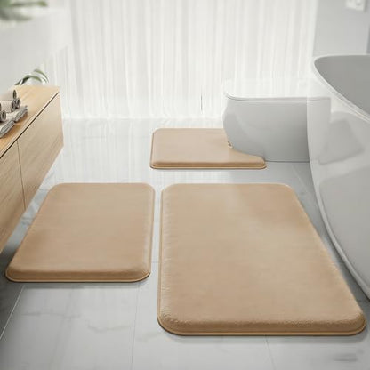 Beige Bath Mat Sets Extra Soft Memory Foam Bathroom Rugs 3 Piece Non Slip Absorbent & Dry Living Mat Sets Washable Bath Carpets with Toilet Rug,Bath Rugs for Bathroom,Tub,Shower,Kitchen,Bedroom