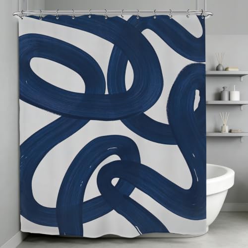 Abstract Navy Blue Shower Curtain 60Wx72L Inch Modern Minimalist Contemporary Geometric Line Neutral Simple Geometric Bathroom Set Accessories Decor with 12 Pack Hooks