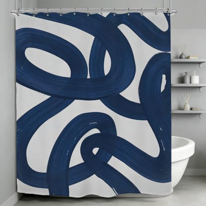 Abstract Navy Blue Shower Curtain 60Wx72L Inch Modern Minimalist Contemporary Geometric Line Neutral Simple Geometric Bathroom Set Accessories Decor with 12 Pack Hooks