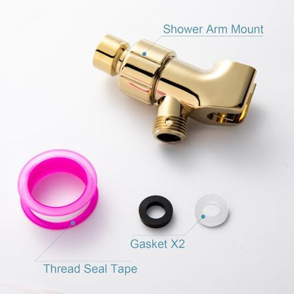 OFFO Shower Head Holder with Solid Metal Ball for Handheld Shower Head Gold, Adjustable Shower Arm Mount for Connecting Shower Arm and Shower Hose, 1/2 in IPS Female Inlet and Male Outlet