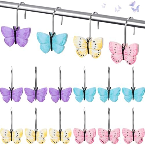 Thyle 12 Pcs Butterfly Shower Curtain Hooks Spring Colorful Resin Ornament Rings Butterfly Shower Curtain Hooks for Bathroom Bedroom Accessories