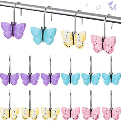 Thyle 12 Pcs Butterfly Shower Curtain Hooks Spring Colorful Resin Ornament Rings Butterfly Shower Curtain Hooks for Bathroom Bedroom Accessories