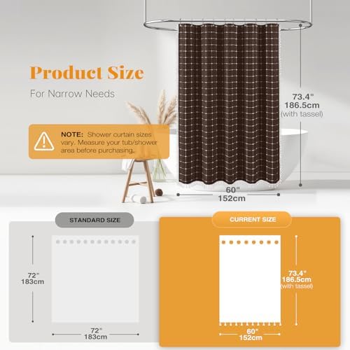 BTTN 60x72 Boho Farmhouse Linen Heavy Duty Fabric Shower Curtain Set, Brown