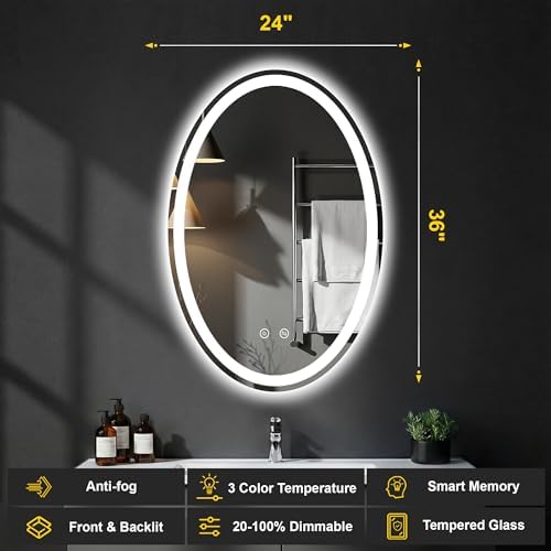 Oval LED Bathroom Mirror with Lights, 24 x 36 Inch Lighted Vanity Mirror