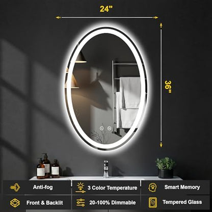 Oval LED Bathroom Mirror with Lights, 24 x 36 Inch Lighted Vanity Mirror