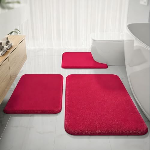 RUN HELIX Bathroom Rugs Sets 3 Piece, Soft Absorbent Memory Foam Bath Mats Set, Dry Fast Bath Mat, Machine Washable Bath Rug Set for Bathroom （Christmas Red） Bathrom Decoration