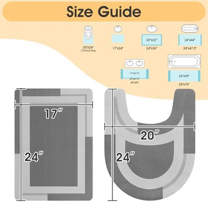 ACCUMTEK Non Slip Bath Mat, Thin Bathroom Rugs Fit Under Door, Quick Dry Bath Mats, Machine Washable Bath Rugs for Bathroom, Bathtub & Kitchen, Grey/Bordered/24 x17+ 24"x20" Contour Rug