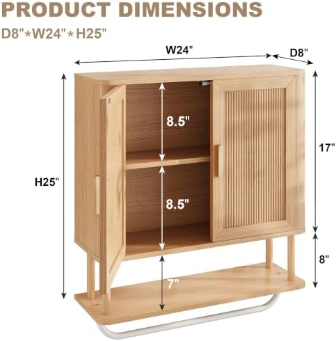 INNOD Bathroom Storage Cabinet with Towel Bar, Over the Toilet Storage Shelf, Medicine Cabinet with Adjustable Wood Shelf & Doors for Laundry Room & Kitchen & Living Room (Natural Oak)