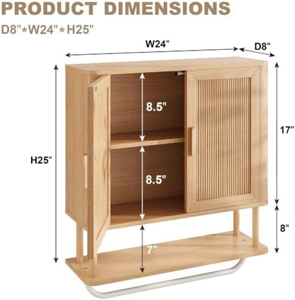 INNOD Bathroom Storage Cabinet with Towel Bar, Over the Toilet Storage Shelf, Medicine Cabinet with Adjustable Wood Shelf & Doors for Laundry Room & Kitchen & Living Room (Natural Oak)