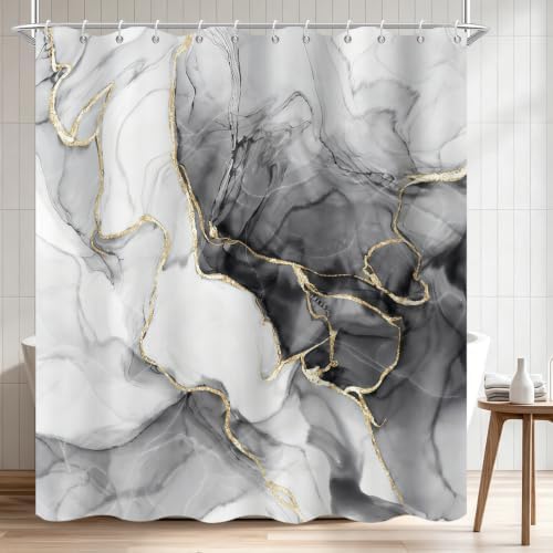 Black Marble Shower Curtain Modern Abstract Luxury Gold Ink Texture Gray Ombre Watercolor Bathroom Curtain Set with Hooks Soft and Lightweight Waterproof Fabric Machine Washable 36" Wx72 L