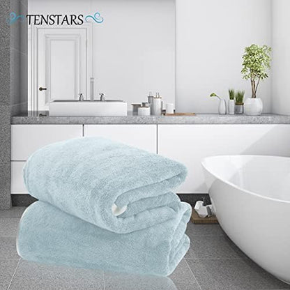 TENSTARS Silk Hemming Bath Towels for Bathroom Clearance - 27 x 55 inches - Light Thin Quick Drying - Soft Microfiber Absorbent Towel for Bath Fitness, Sports, Yoga, Travel, Gym - 2 Pack, Light Teal