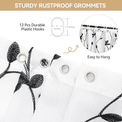 Embroidered Leaf Farmhouse Shower Curtain,Faux Linen,72Wx72L,White Black