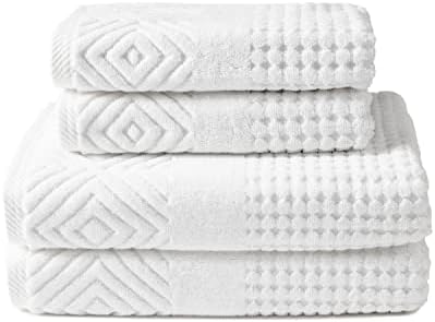 Texere 100% Organic Cotton Diamond Jacquard 700 GSM Luxury Bath Towel Sets - Ultra Soft and Absorbent Hotel and Spa Quality (Diamond, Bright White, 2 Bath & 2 Hand Towels)