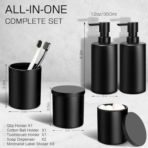 Matte Black Bathroom Accessories Set, 5 Pcs Bathroom Accessories Set, Glass Soap Dispenser and Toothbrush Holder Set, Qtip Holder and Cotton Ball Holder, Modern Bathroom Decor Sets