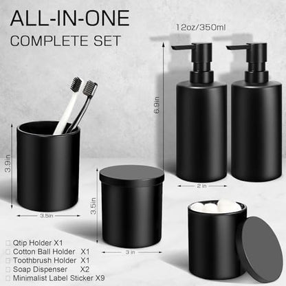 Matte Black Bathroom Accessories Set, 5 Pcs Bathroom Accessories Set, Glass Soap Dispenser and Toothbrush Holder Set, Qtip Holder and Cotton Ball Holder, Modern Bathroom Decor Sets