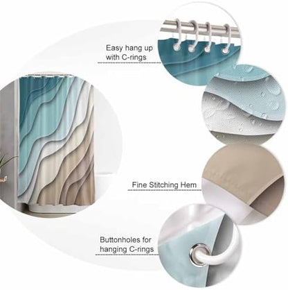 Shower Curtain Bathroom Set Teal Stripes Gradient Water Ripple Waterproof Shower Curtains with Grommets Hooks Brown Abstract Geometric Modern Art Privacy Bath Curtain for Bathtub Decor 72x72in