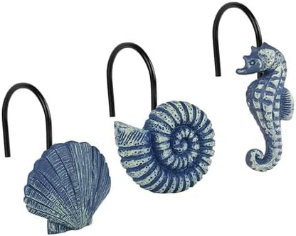 Sunlit Seashells Decorative Shower Curtain Hooks, Blue Ocean Creatures Coastal Shower Curtain Rings with Black Hooks, Resin, Nautical Bathroom Decoration Beach Shower Curtain Hooks, Set of 12