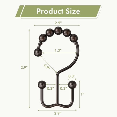 Amazer Shower Curtain Rings, Rust-Resistant Metal Double Shower Hooks for Curtain Rolling Shower Curtain Hooks Rings Shower Rings for Bathroom Shower Curtain Rod, Bronze, Set of 12 Rings