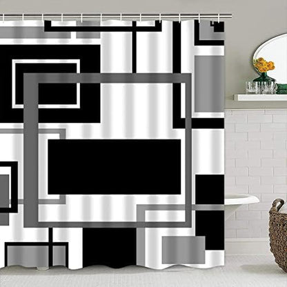 Yddsky 4 Pcs Black Geometric Shower Curtain Set with Rugs Bathroom Set